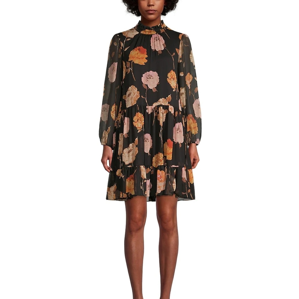 Gabby Skye Floral Mockneck Trapeze Dress